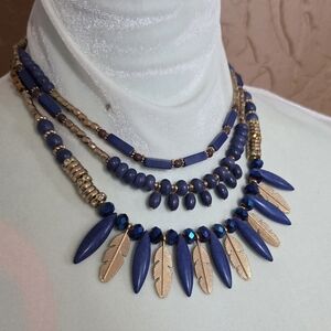 Elegant Blue and Gold Feather Necklace